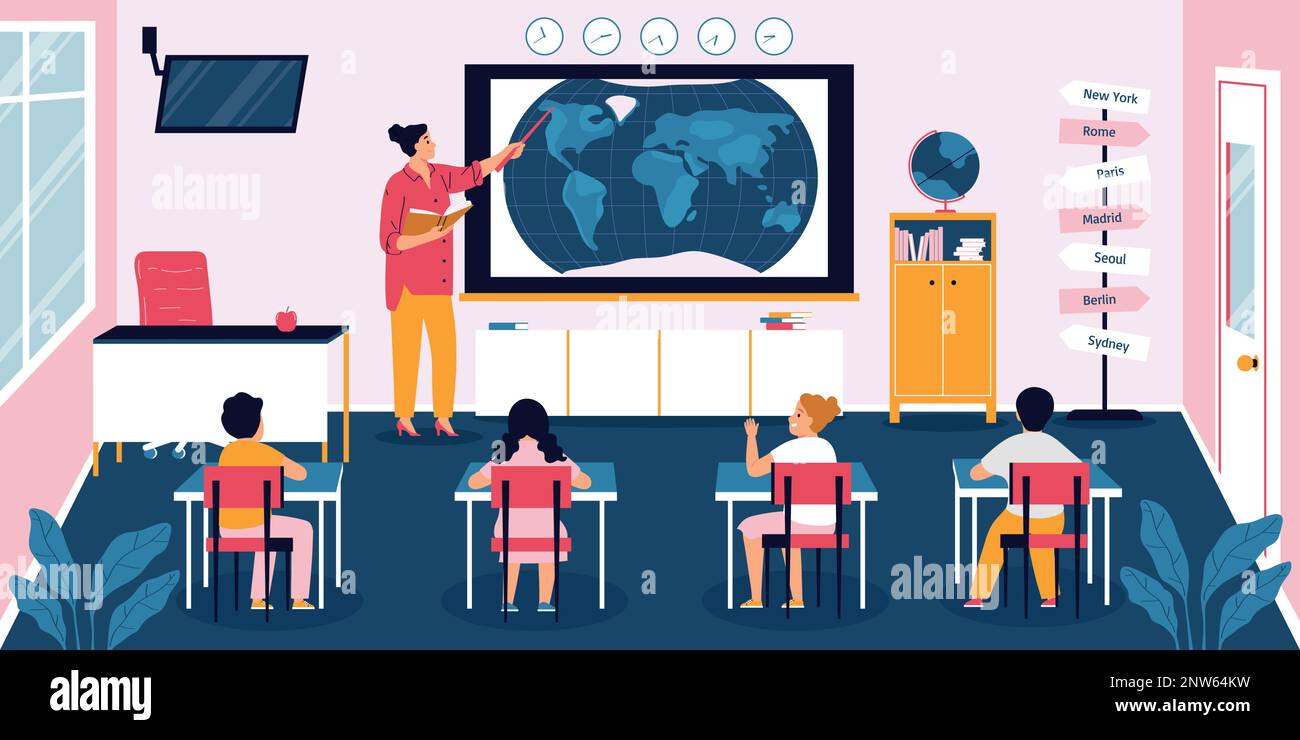 Geography school lesson classroom interior with students listening to