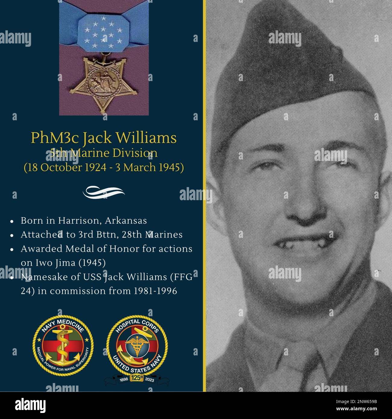 On March 3, 1945, while serving on Iwo Jima, Pharmacist's Mate Third