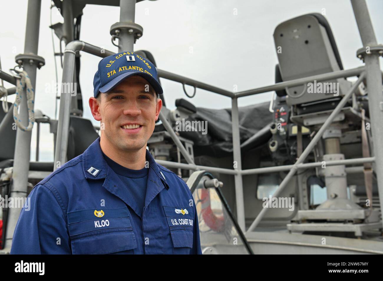 LT Alexander Kloo, Coast Guard Station Atlantic City commanding Officer, poses for a picture on a 47-foot Motor-life boat at Coast Guard Station Atlantic City January 12, 2023. LT Kloo was interviewed regarding mentorship in the Coast Guard. (U.S. Coast Guard Petty Officer 3rd Class Kimberly Reaves) Stock Photo