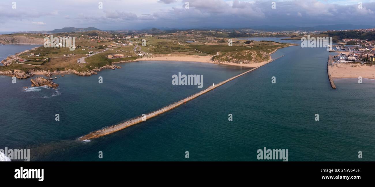 Panoramic aerial view of Marzan beach, in Cuchia and the San Martin de la Arena de Suances estuary Stock Photo