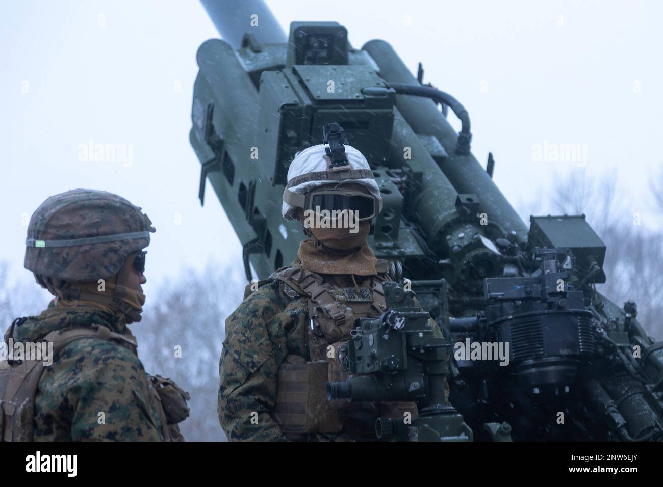 U.S. Marines with 3d Battalion, 12th Marines prepare to fire an M777 towed 155 mm howitzer while conducting live-fire training during Artillery Relocation Training Program 22.4 at the Yausubetsu Maneuver Area, Hokkaido, Japan, Jan. 30, 2023. The skills developed at ARTP increase the proficiency and readiness of the only permanently forward-deployed artillery unit in the Marine Corps, enabling them to provide precision indirect fires. Stock Photo