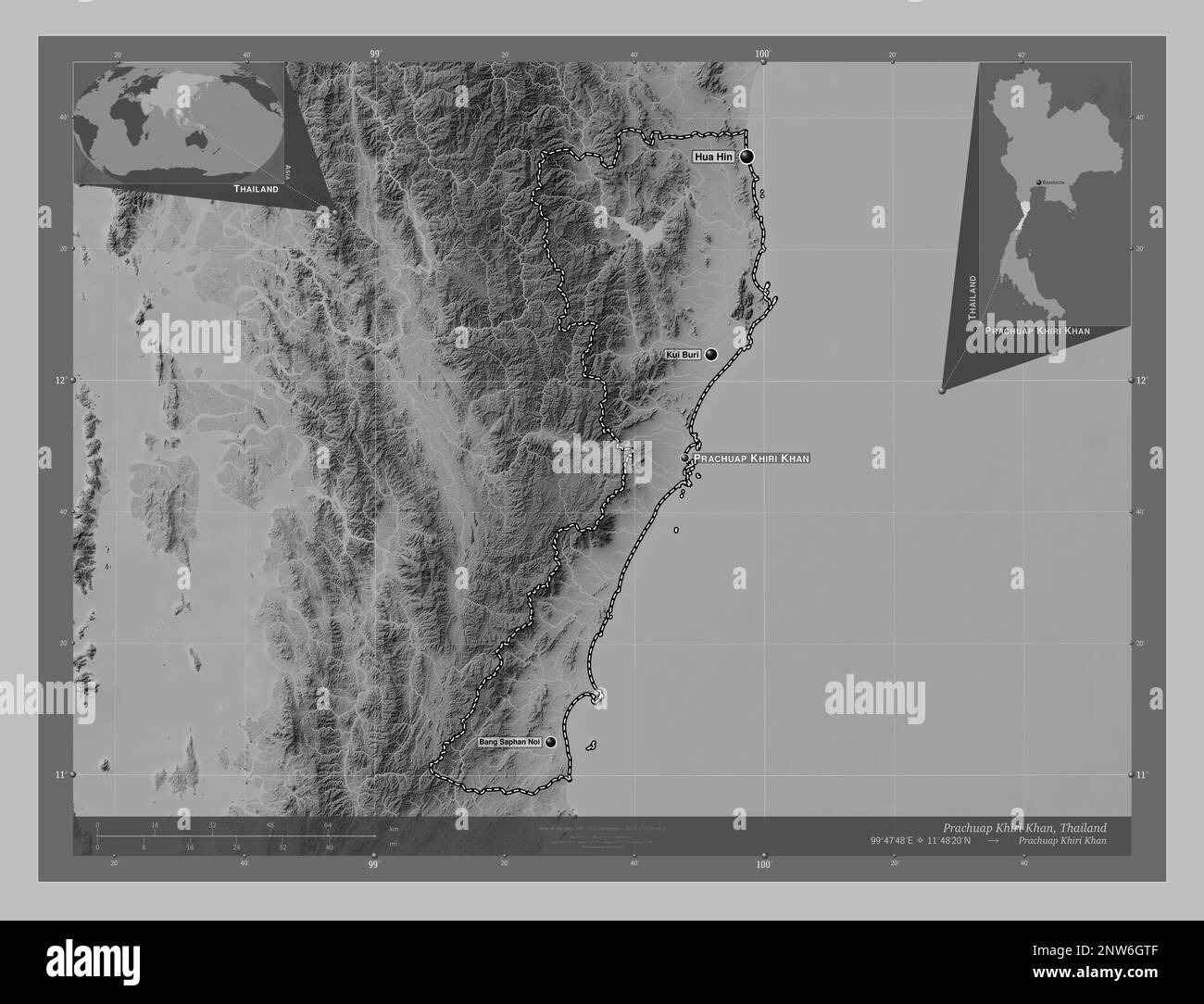 Prachuap Khiri Khan, province of Thailand. Grayscale elevation map with lakes and rivers. Locations and names of major cities of the region. Corner au Stock Photo