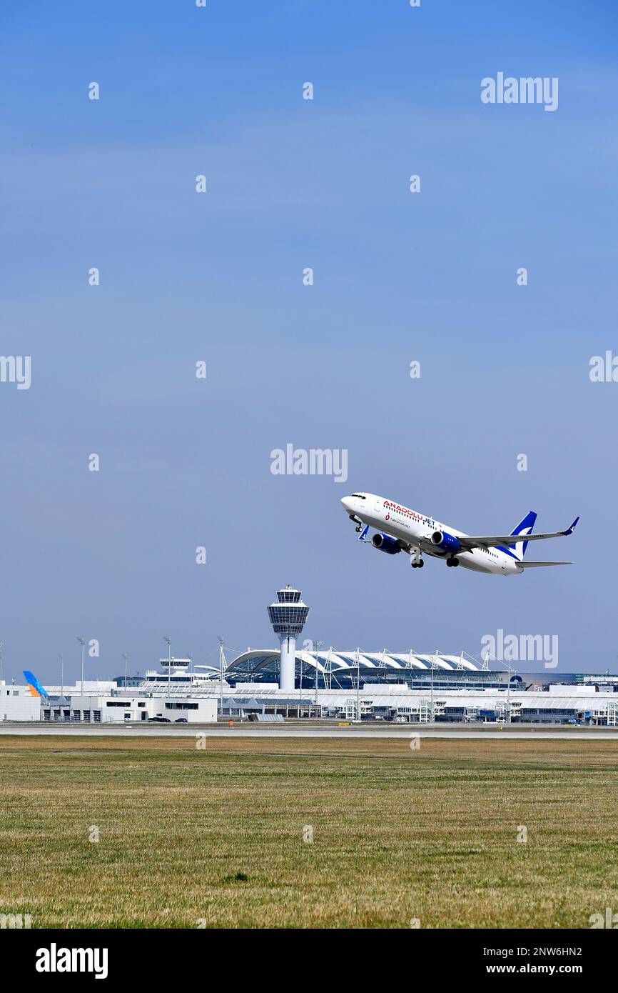 Anadolu Jet, Boeing, B737, Start, Take Of, Departure, Aircraft, Munich Airport, Airport, Freising, Erding, Munich, Bavaria, Germany Stock Photo