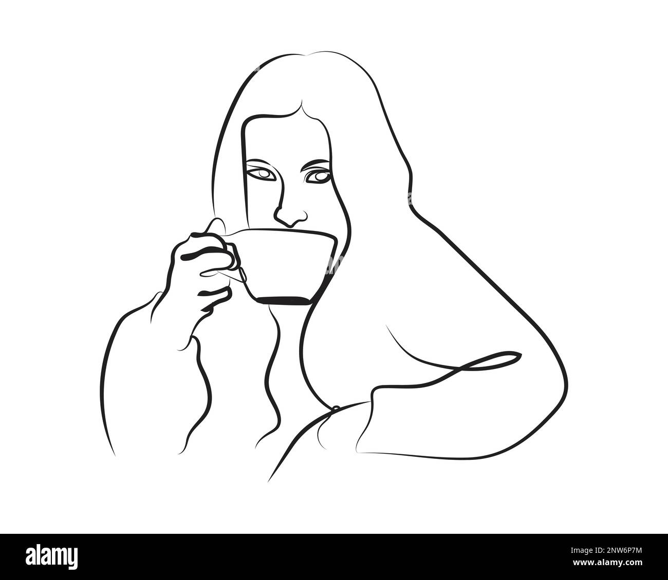 Woman Enjoying Drinking Coffee Gracefully Illustration with Silhouette Line Art Style Stock Vector