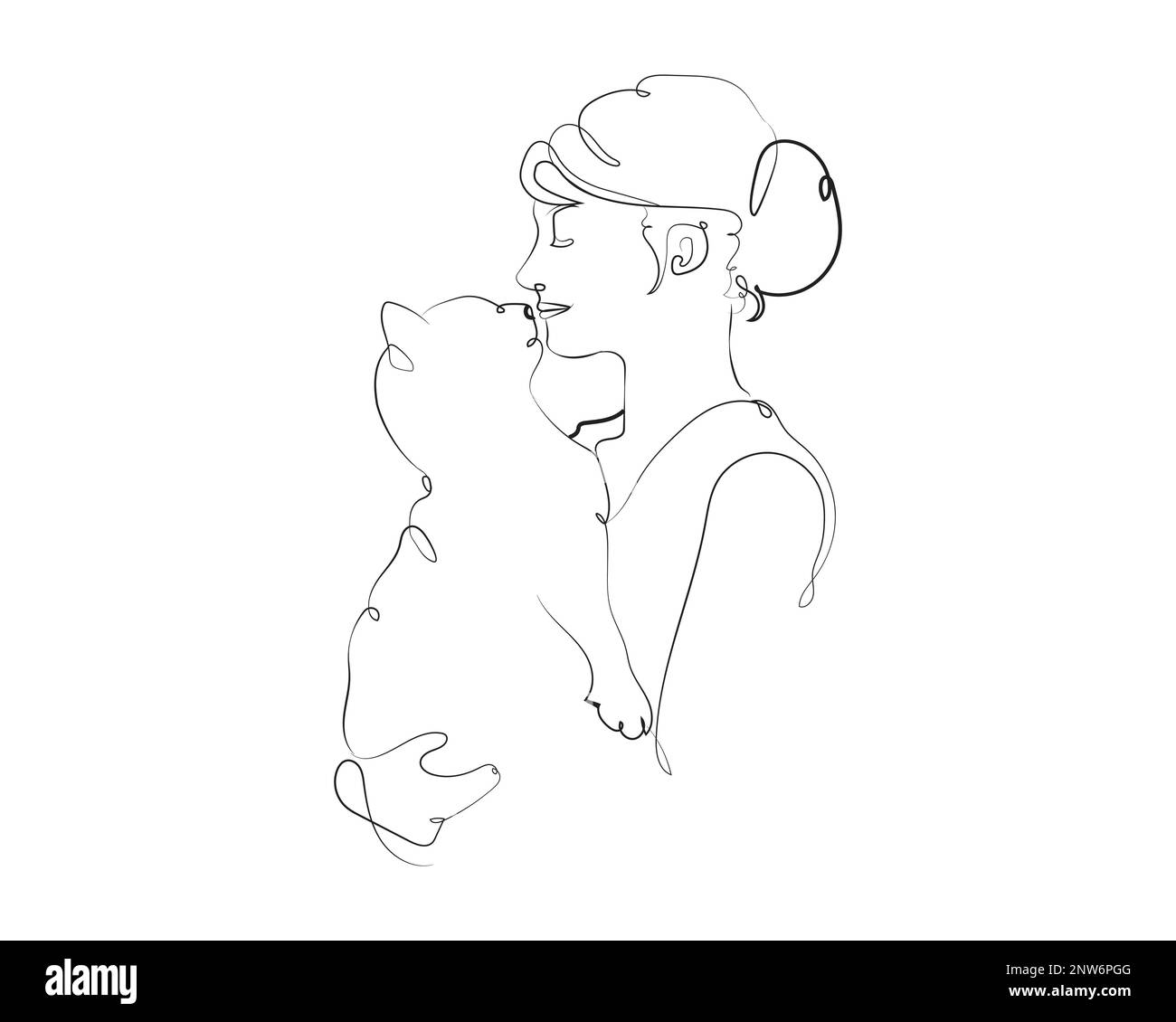 Woman Holding Cat with Silhouette Line Art Style Stock Vector