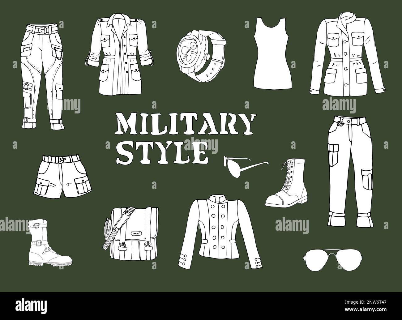 Military style woman clothes doodle set Stock Vector