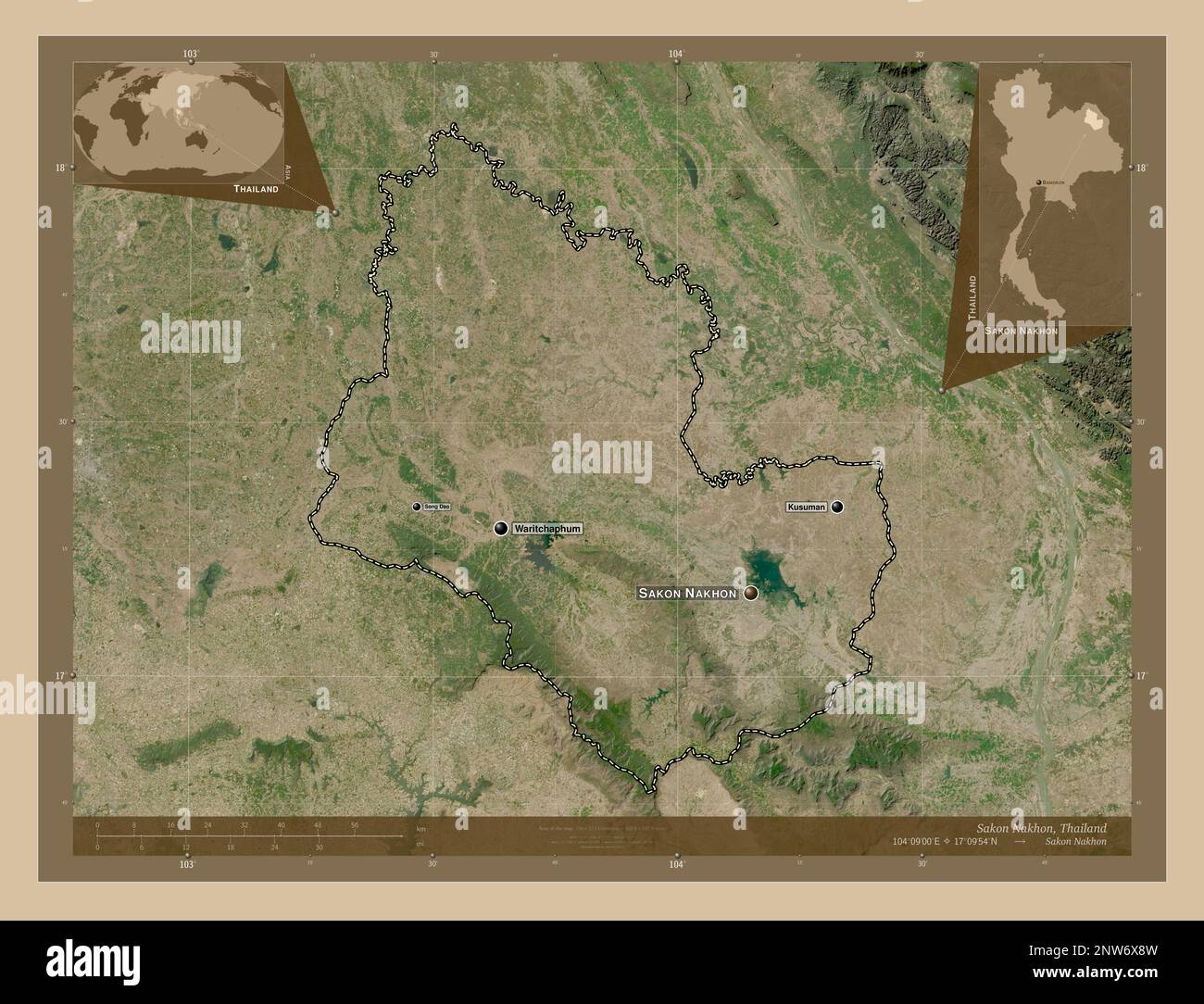 Sakon Nakhon, province of Thailand. Low resolution satellite map