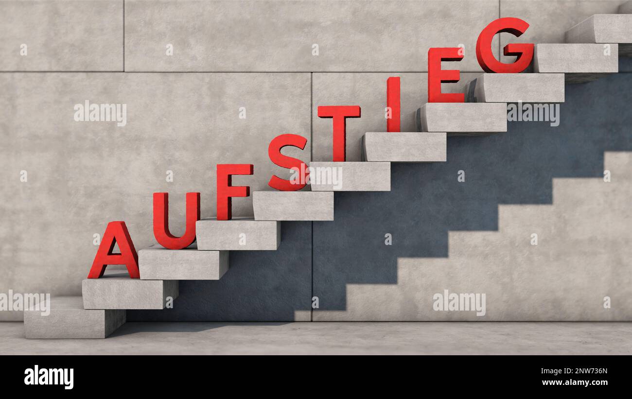 Staircase with red letters as the German word 'Aufstieg' (climb) Stock Photo