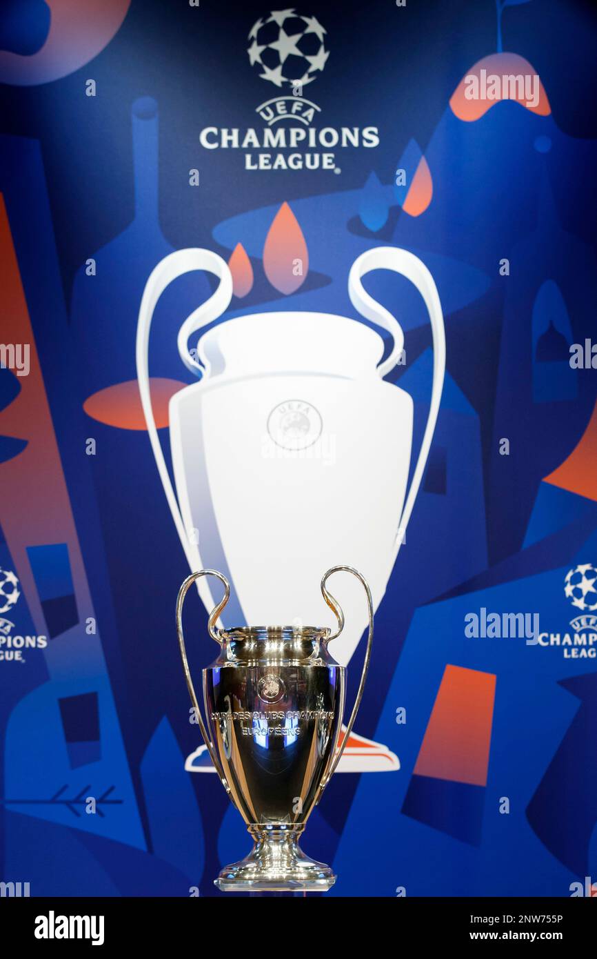 The UEFA Champions League trophy is pictured, during the drawing of the  matches for the Champions League 2018/19 Round of 16, at the UEFA  headquarters in Nyon, Switzerland, Monday, Dec. 17, 2018. (