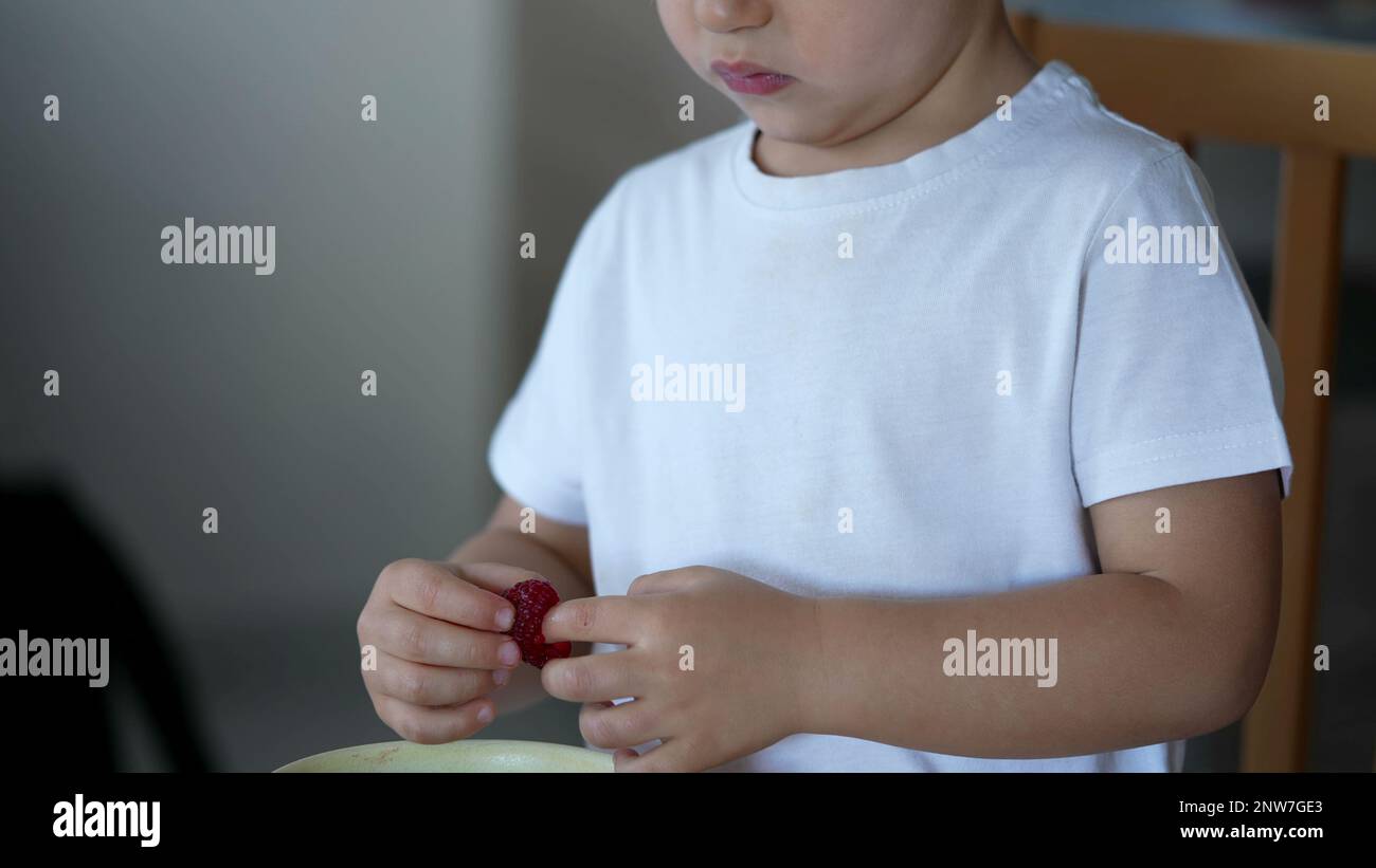 One adorable child eating raspberry with finger. Little boy snacking ...