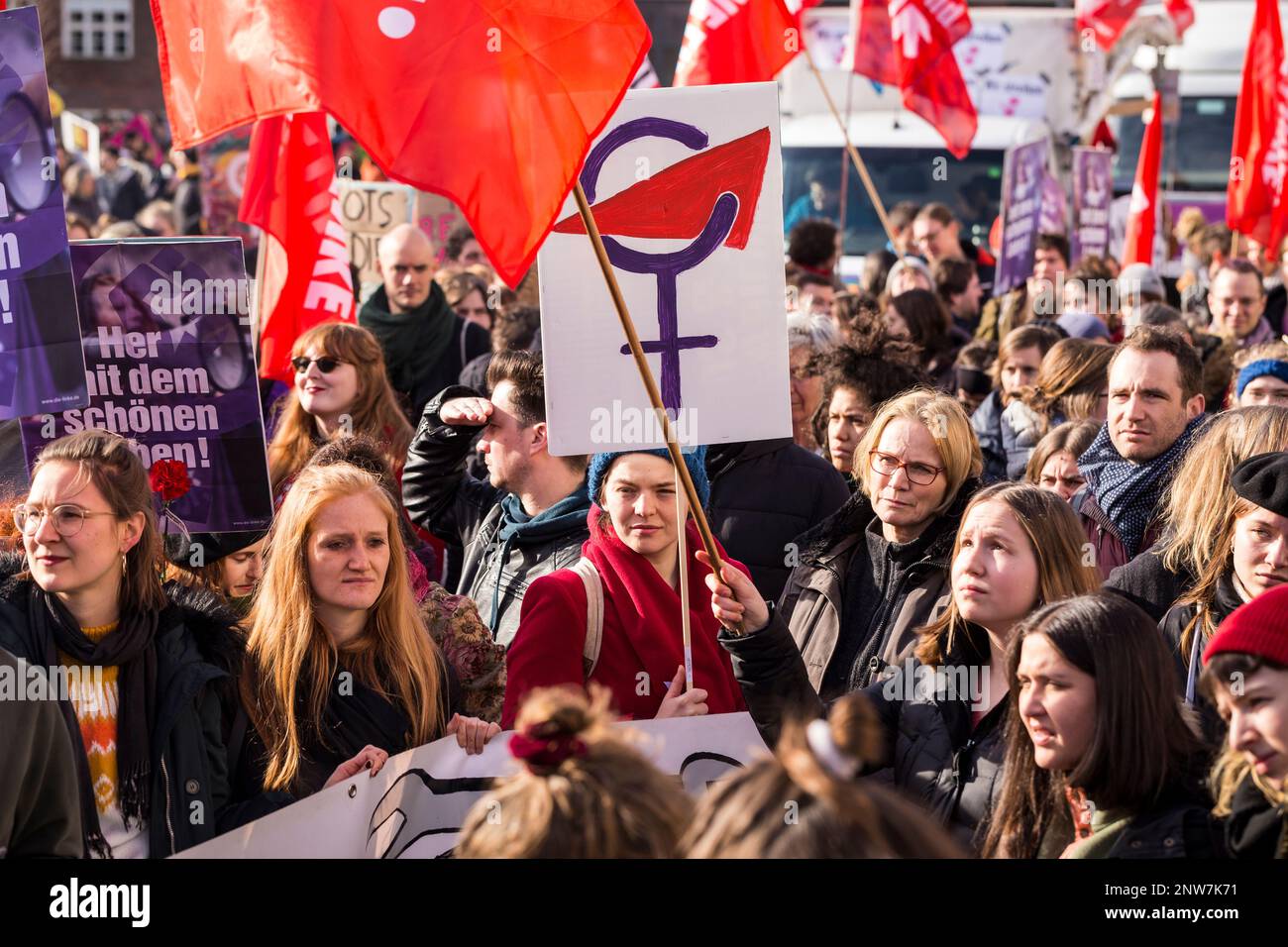 Berlin, Germany 3/8/2020 Women attend the Fighting Day Demonstration. International Women's Day march in Berlin. Stock Photo
