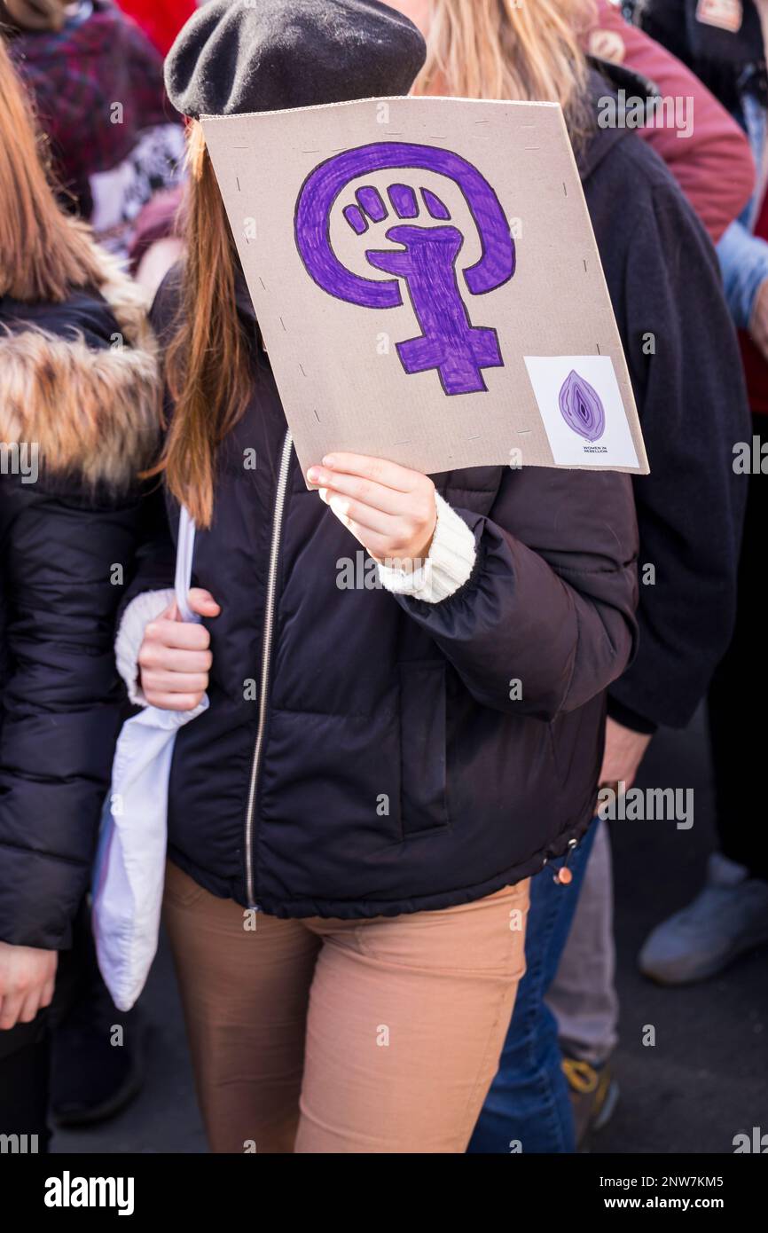 Berlin, Germany 3/8/2020 An unrecognizable woman attends the Fighting Day Demonstration. International Women's Day march in Berlin. Stock Photo