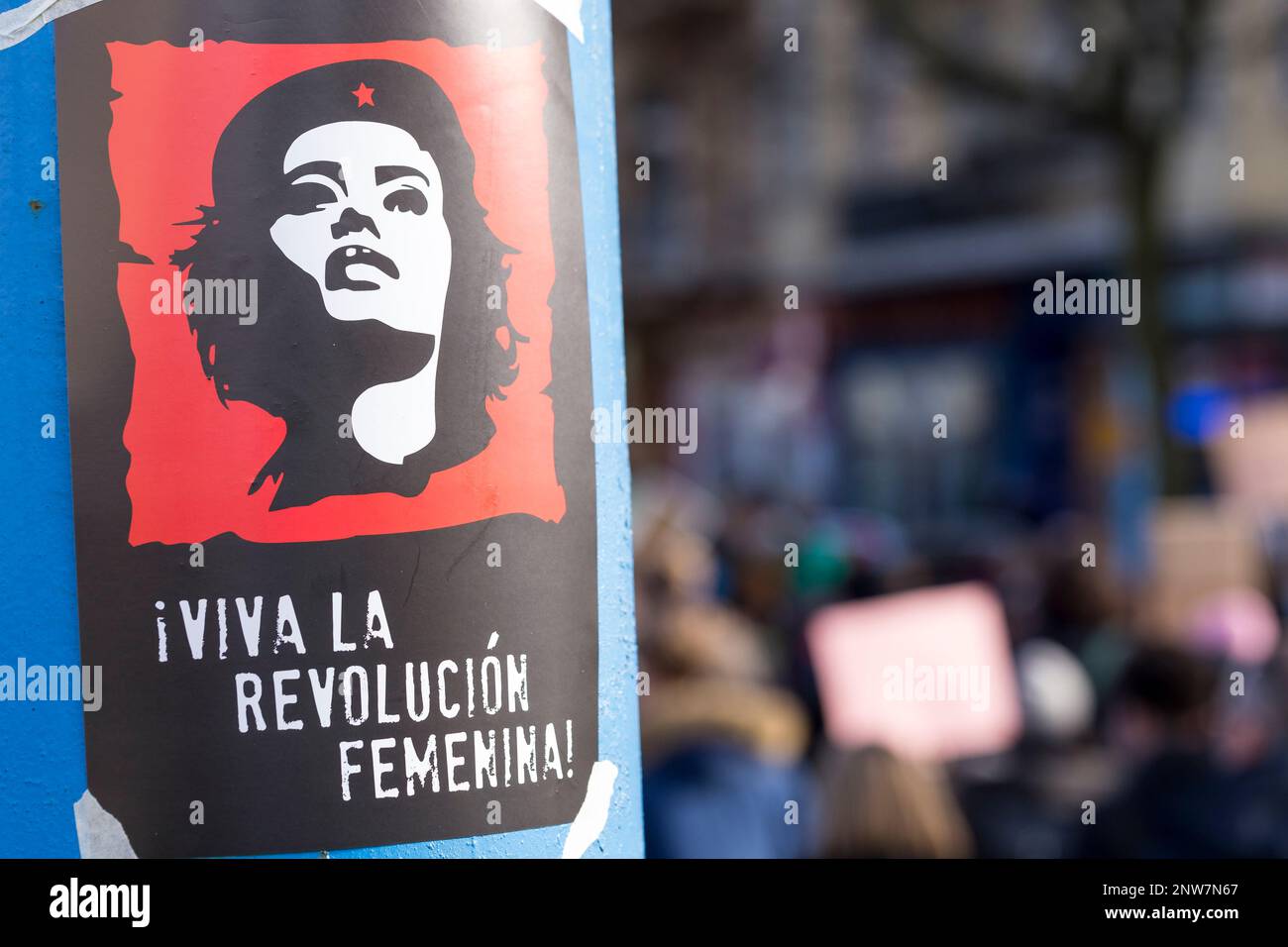 Berlin Germany 3/8/2020 Closeup of poster in Spanish that reads: “Long live the women's revolution” during the International Women's Day Demonstration Stock Photo