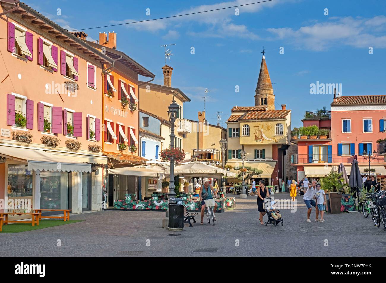 Square in the historic city centre of Caorle, coastal town in the Metropolitan City of Venice, Veneto, Northern Italy Stock Photo