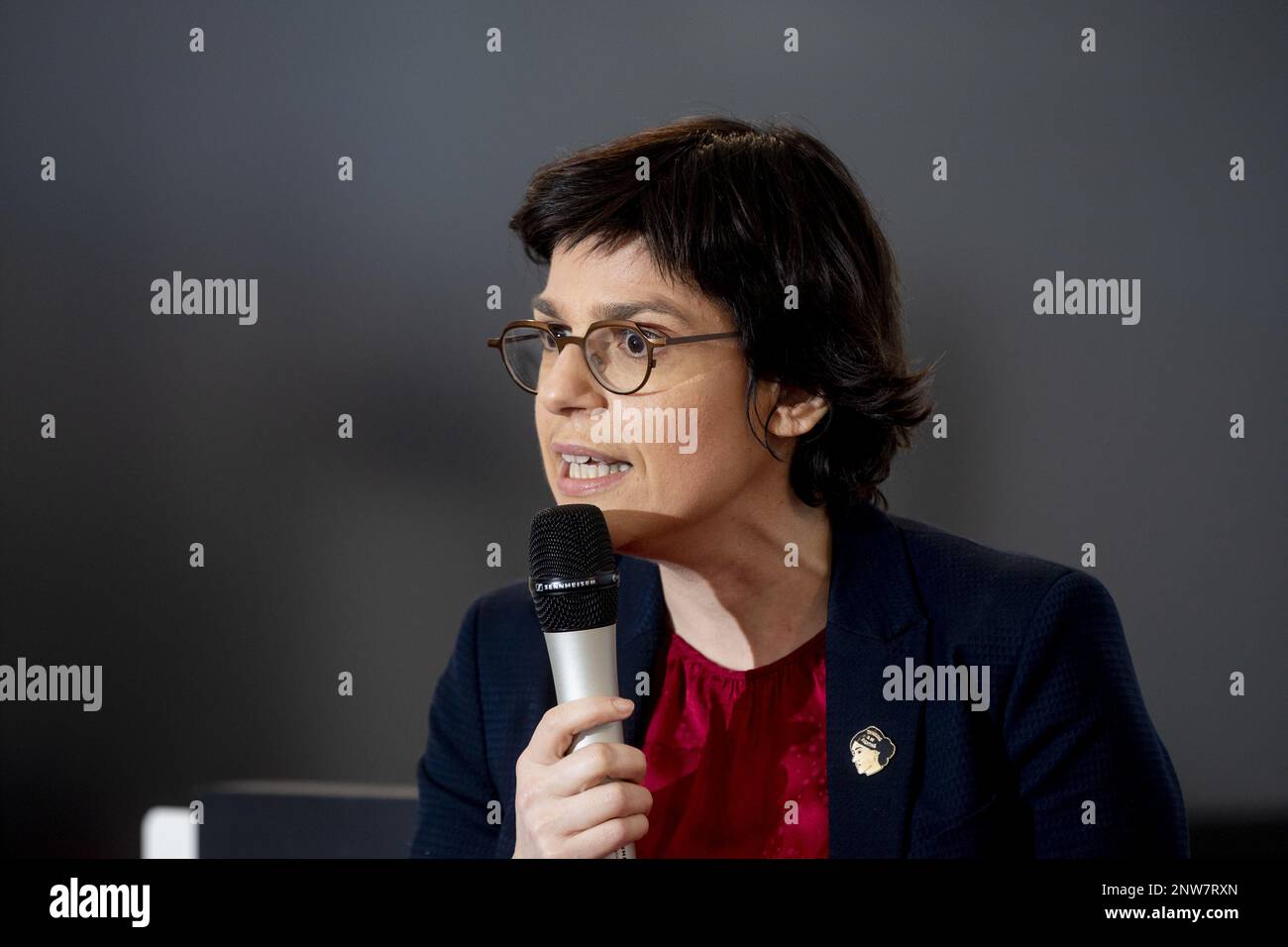 Energy minister Tinne Van der Straeten pictured during the signing of the EPCI contract for the world's first energy island in the North Sea, the Princess Elisabeth Island, Tuesday 28 February 2023, at the Elia headquarters in Brussels. BELGA PHOTO HATIM KAGHAT Stock Photo