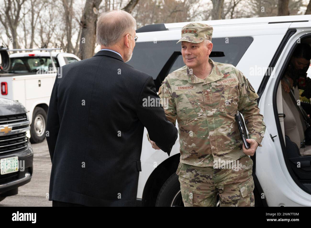 Gen. Glen VanHerck, commander, North American Aerospace Defense Command and U.S. Northern Command, is greeted by Steven Wert, program executive officer for Digital, during a visit to Hanscom Air Force Base, Mass., Jan. 19. During his visit, VanHerck met with acquisition personnel and received mission overview briefings. Stock Photo