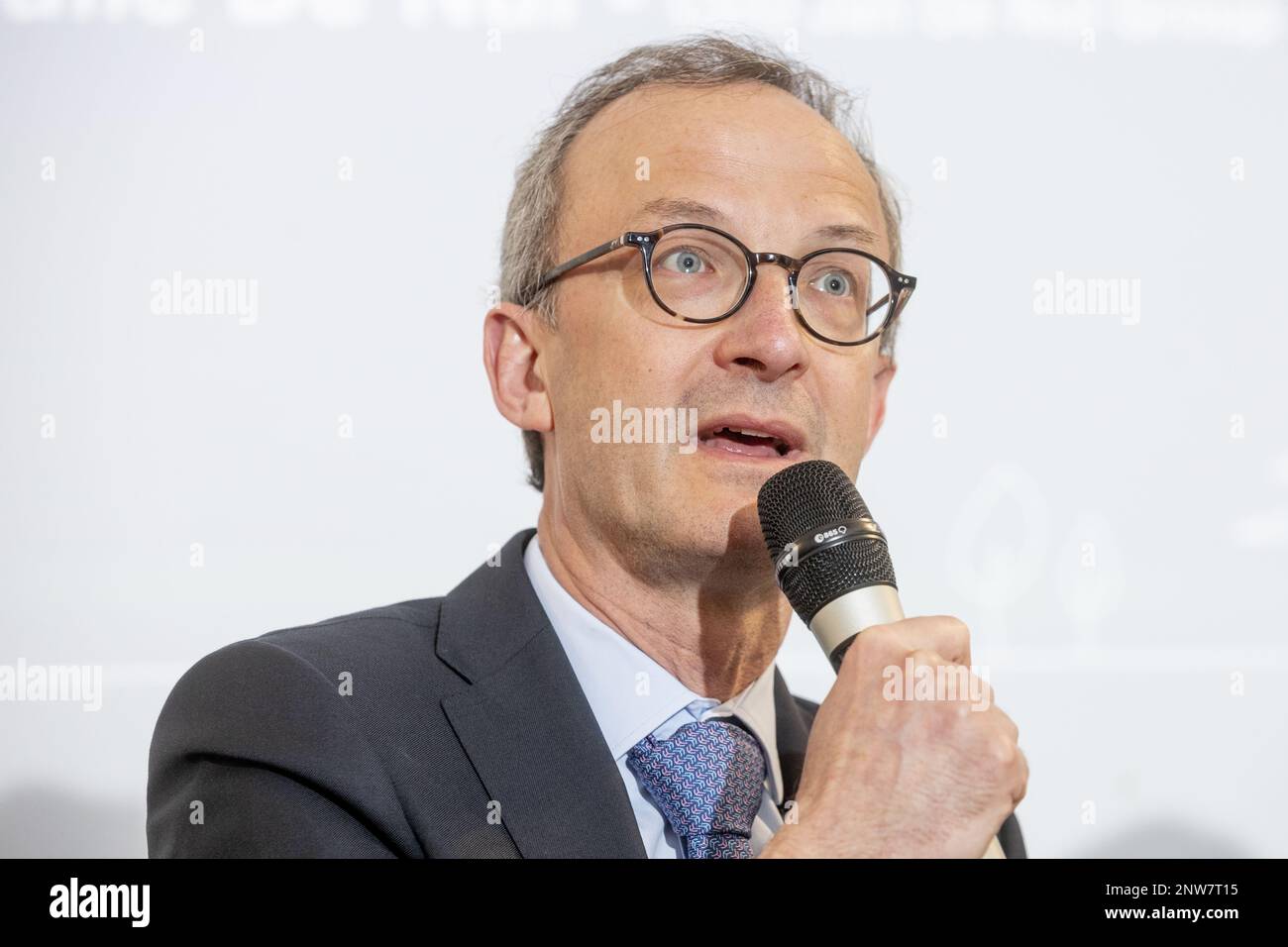 DEME CEO Luc Vandenbulcke pictured during the signing of the EPCI contract for the world's first energy island in the North Sea, the Princess Elisabeth Island, Tuesday 28 February 2023, at the Elia headquarters in Brussels. BELGA PHOTO HATIM KAGHAT Stock Photo