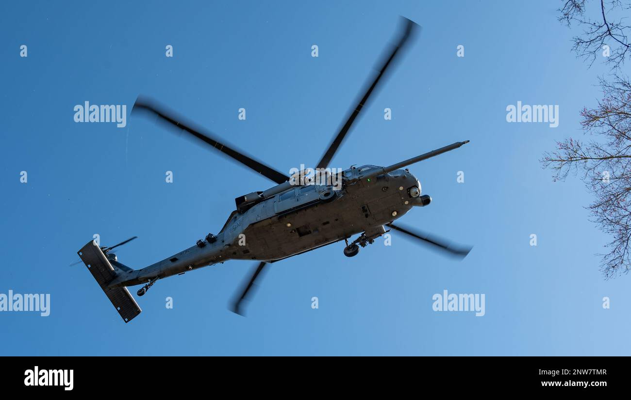 A 920th Rescue Wing HH60G Pave Hawk helicopter flies over Townsend