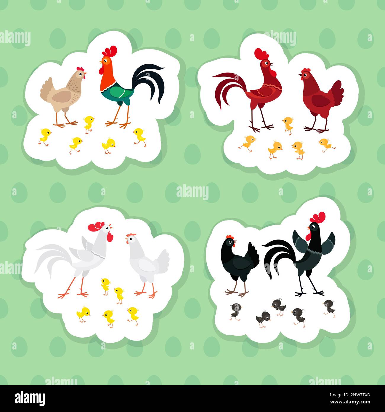 Colorful chicken families sticker pack. Vector illustration Stock Vector