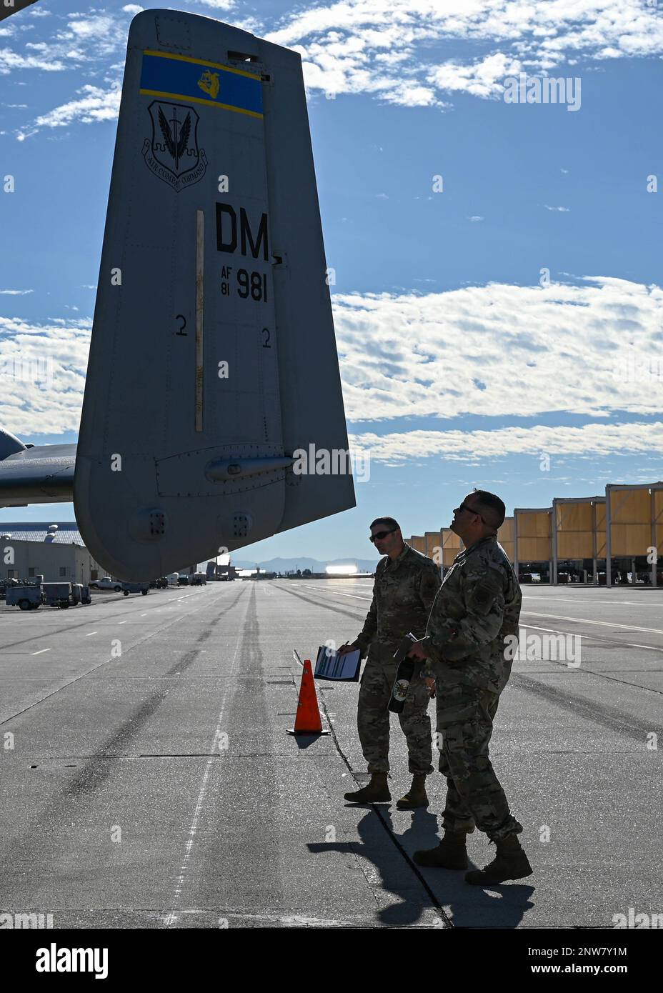 U.S. Air Force Airmen inspect an A-10 Thunderbolt II from the 354th Fighter Squadron during the 355th Maintenance Group’s 4th quarter crew chief competition at Davis-Monthan Air Force Base, Ariz., Jan. 6, 2023. Crew chiefs were tested on their knowledge of the A-10 while their aircraft was inspected for cleanliness, as well as decorative elements. Stock Photo