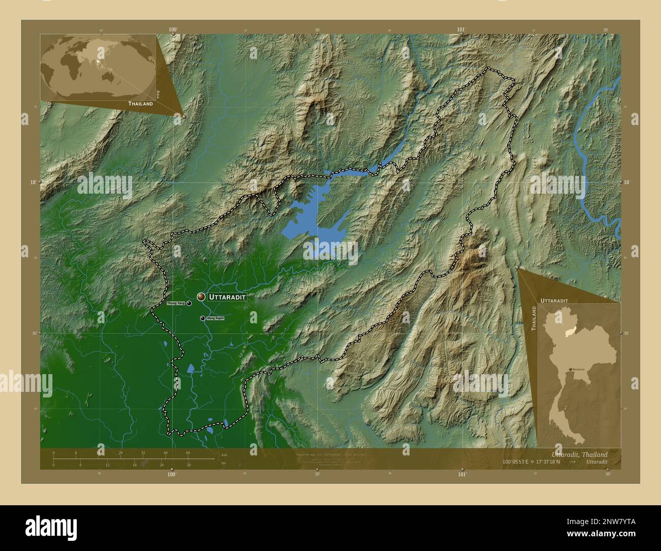 Yta Map Uttaradit, province of Thailand. Colored elevation map with lakes and ...