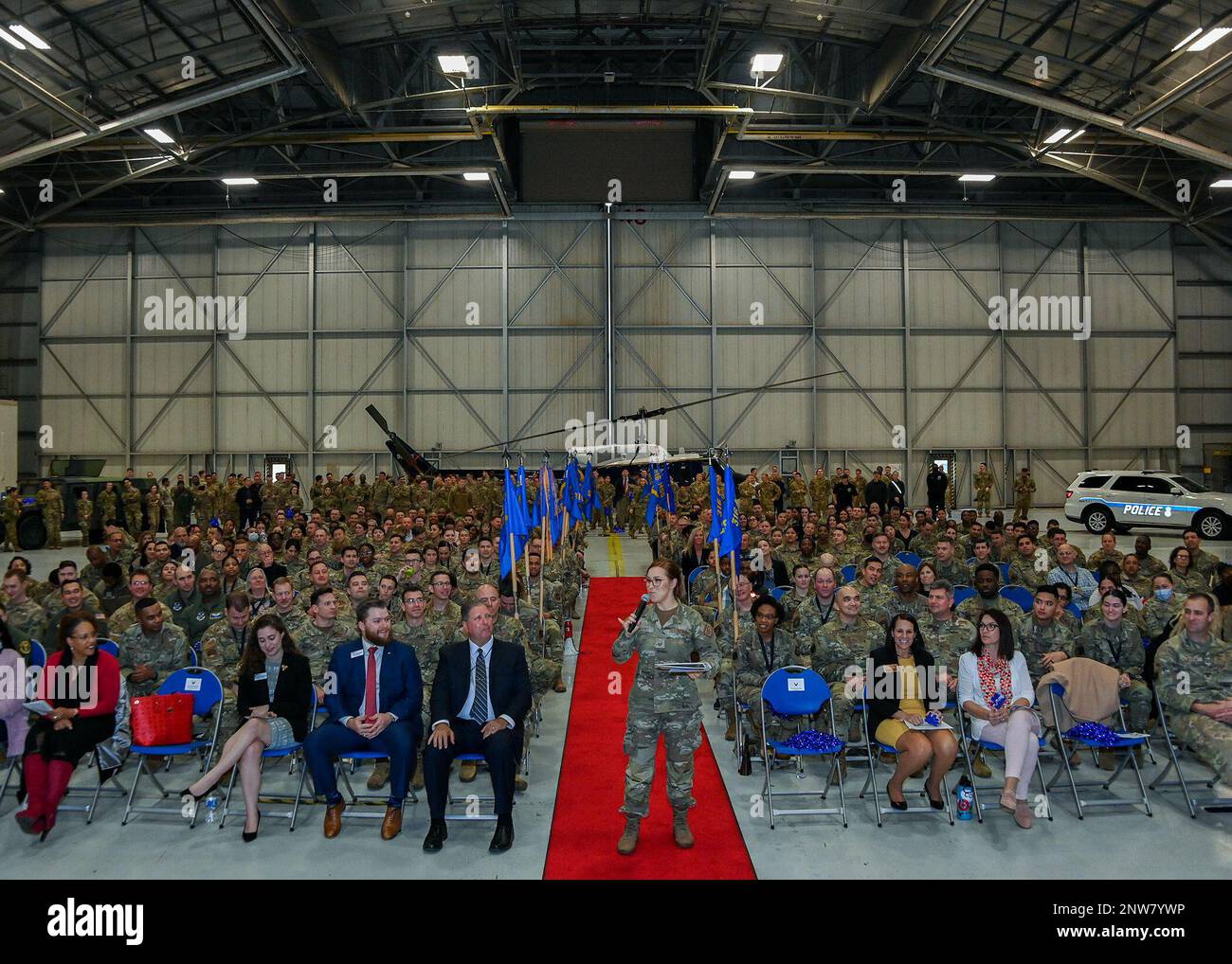 Members of the 316th Wing gather at the 2022 Annual Awards Ceremony at Joint Base Andrews, Md., Feb. 16, 2023. The wing incorporated a gameshow into the annual awards ceremony. Stock Photo