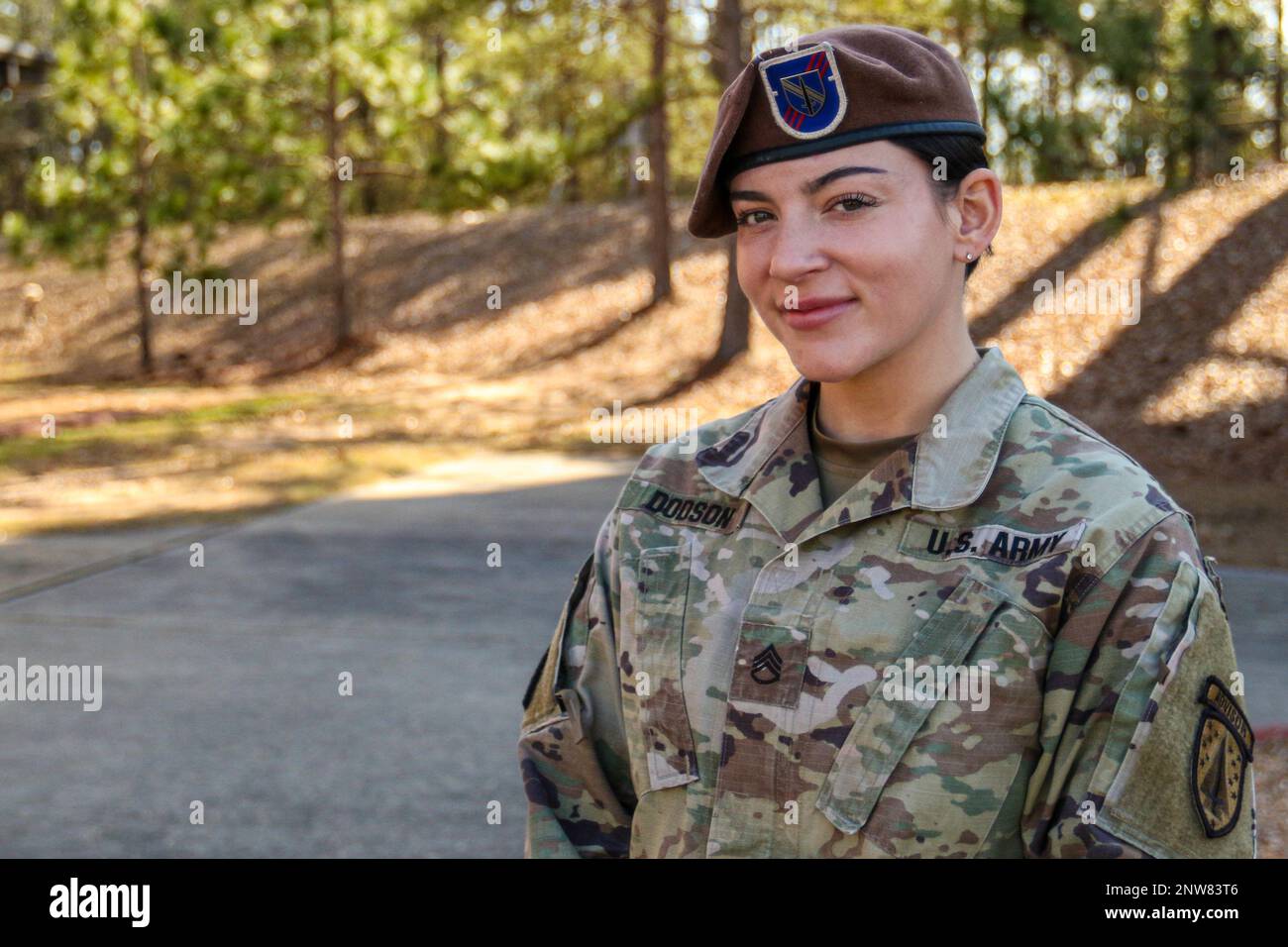 Staff Sgt. Julia Dodson, an intelligence advisor assigned to 6th Battalion, 1st Security Force Assistance Brigade, poses for a photo, Jan. 24, at Fort Benning, Ga.     “I had my first deployment in 2017, and we were partnered with the Iraqi Border Patrol. So, I gained some experience on what it means to be an advisor and to work with [a] foreign partner force. It was very rewarding. I had a friend in the SFAB who told me about his similar experience to mine and I felt like it was a good opportunity for me to continue to have those experiences.”    U.S. Army photo by Maj. Jason Elmore Stock Photo