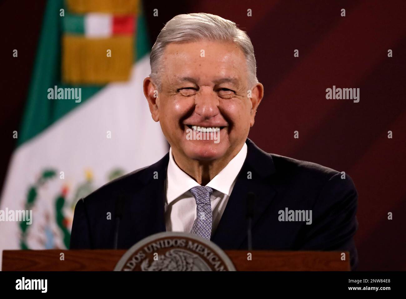 Mexico City, Mexico. 28th Feb, 2023. February 28, 2023, Mexico City, Mexico: The President of Mexico, Andres Manuel Lopez Obrador confirms the installation of the Tesla automotive assembly plant in Mexico, at a press conference at the National Palace in Mexico City. on February 28, 2023 in Mexico City, Mexico (Photo by Luis Barron/Eyepix Group/Sipa USA). Credit: Sipa USA/Alamy Live News Stock Photo