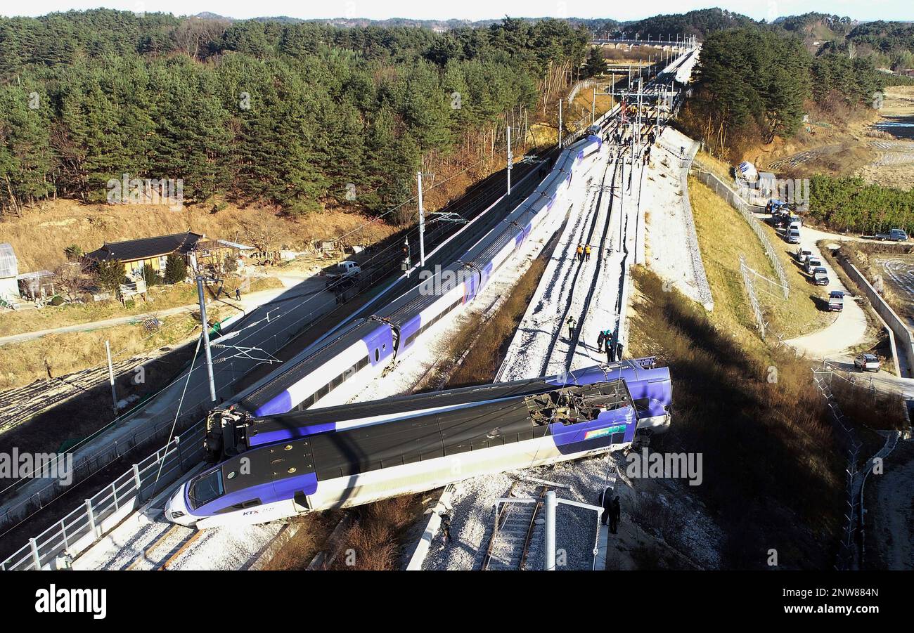 Ktx Train Exploding Officials check the derailed high-speed train called the Korea Train ...