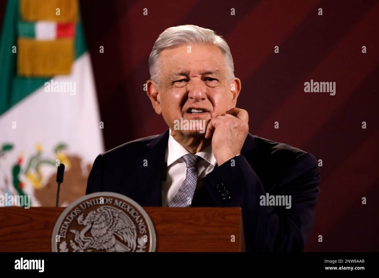 Mexico City, Mexico. 28th Feb, 2023. The President of Mexico, Andres Manuel Lopez Obrador confirms the installation of the Tesla automotive assembly plant in Mexico, at a press conference at the National Palace in Mexico City. on February 28, 2023 in Mexico City, Mexico (Credit Image: © Luis Barron/eyepix via ZUMA Press Wire) EDITORIAL USAGE ONLY! Not for Commercial USAGE! Stock Photo