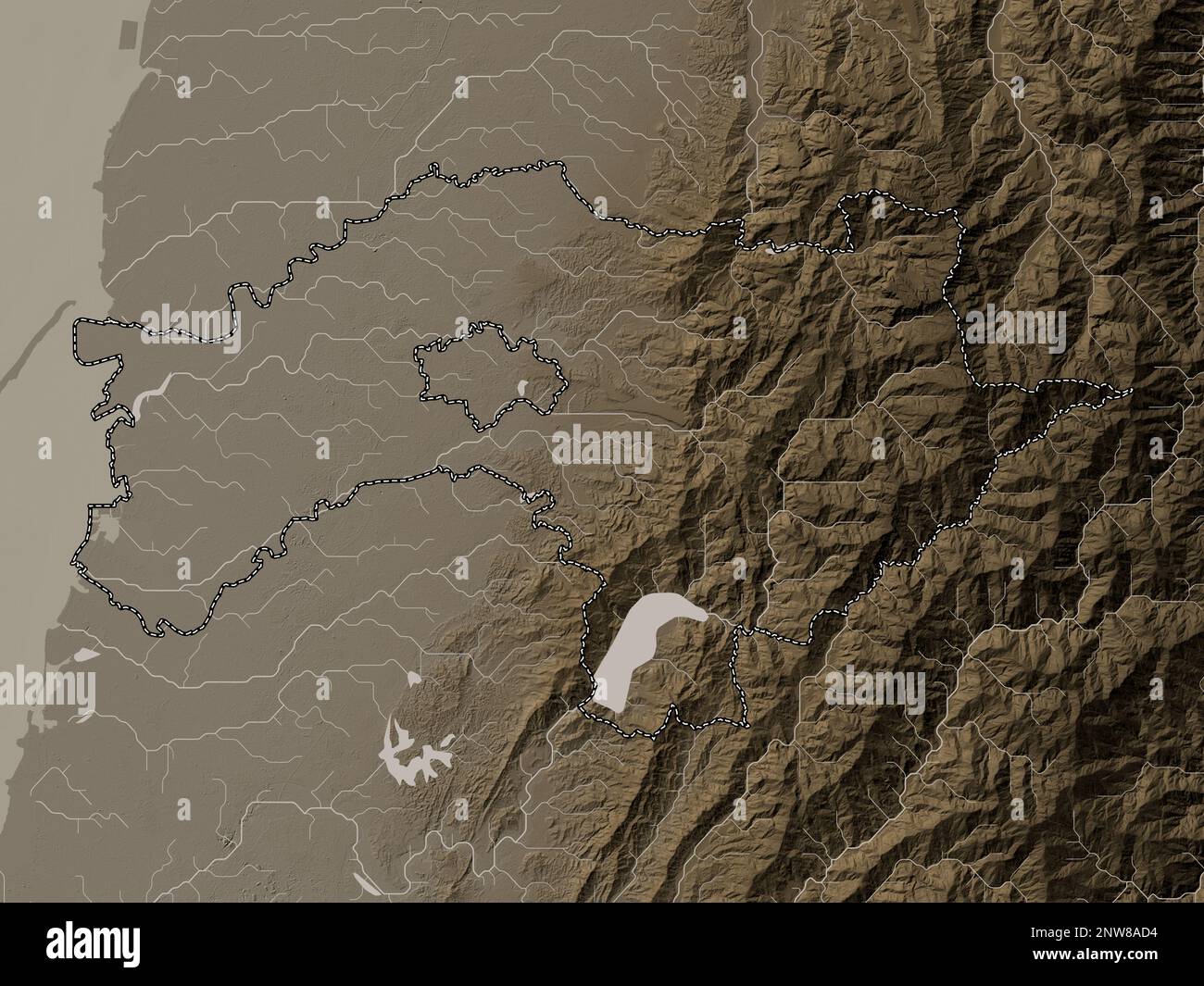 Chiayi, county of Taiwan. Elevation map colored in sepia tones with lakes and rivers Stock Photo