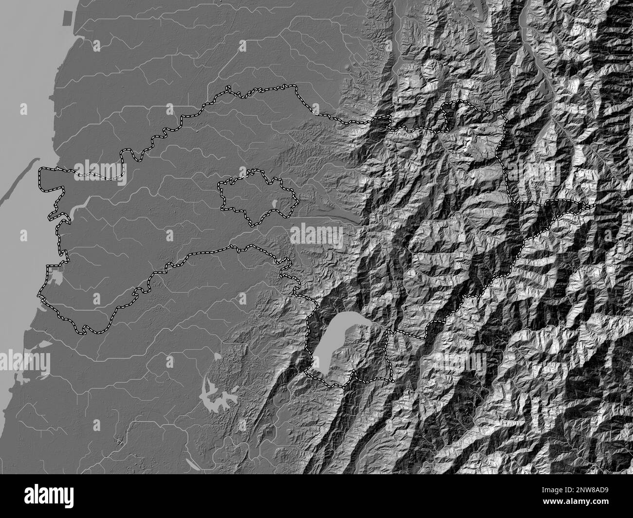 Chiayi, county of Taiwan. Bilevel elevation map with lakes and rivers Stock Photo