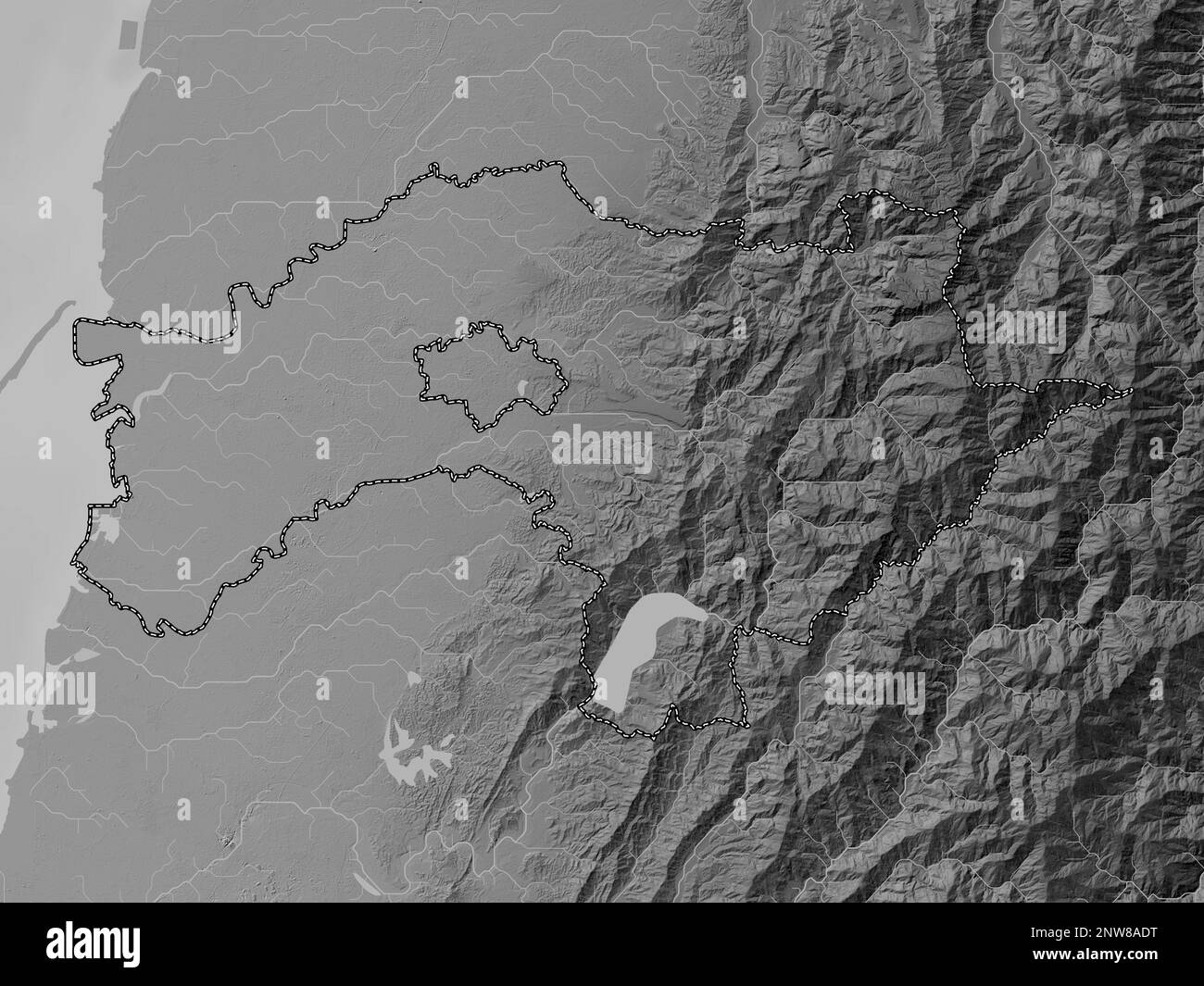 Chiayi, county of Taiwan. Grayscale elevation map with lakes and rivers Stock Photo