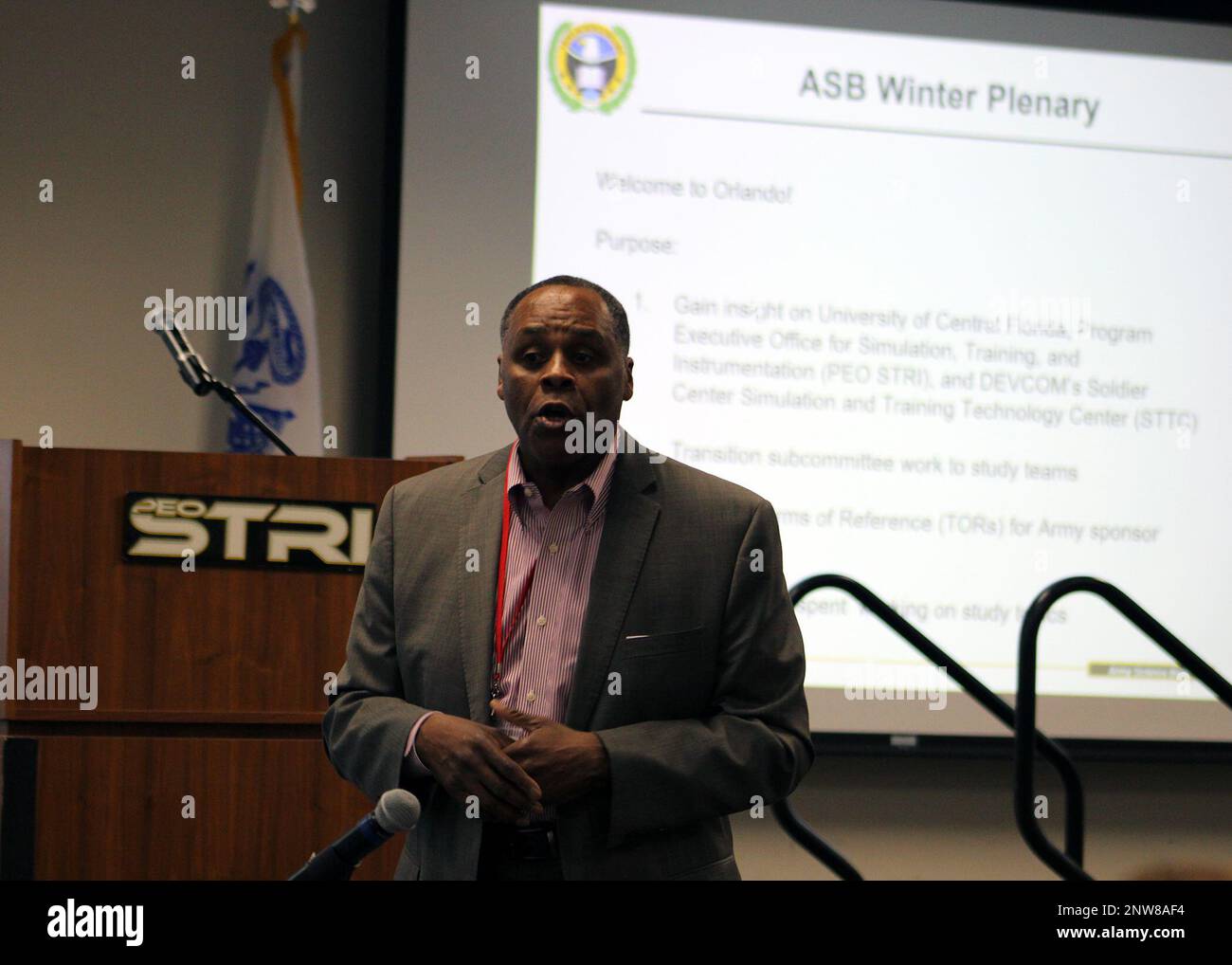 230131-A-SV210-231  ORLANDO, Fla. - Michael E. Williamson, chair of the Army Science Board (ASB), delivers opening remarks on the first day of the ASB winter plenary taking place Jan. 31 - Feb. 2 at the Central Florida Research Park in Orlando, Florida. The U.S. Army’s Program Executive Office Simulation, Training and Instrumentation (PEO STRI) is hosting the ASB, which provides the Army with a powerful resource of world-class scientists, engineers, technologists, and operational experts as well as business, policy and managerial specialists from the private sector, academia, non-DoD governmen Stock Photo
