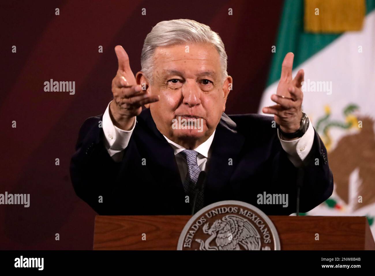 Mexico City, Mexico. 28th Feb, 2023. February 28, 2023, Mexico City, Mexico: The President of Mexico, Andres Manuel Lopez Obrador confirms the installation of the Tesla automotive assembly plant in Mexico, at a press conference at the National Palace in Mexico City. on February 28, 2023 in Mexico City, Mexico (Photo by Luis Barron/Eyepix Group/Sipa USA). Credit: Sipa USA/Alamy Live News Stock Photo
