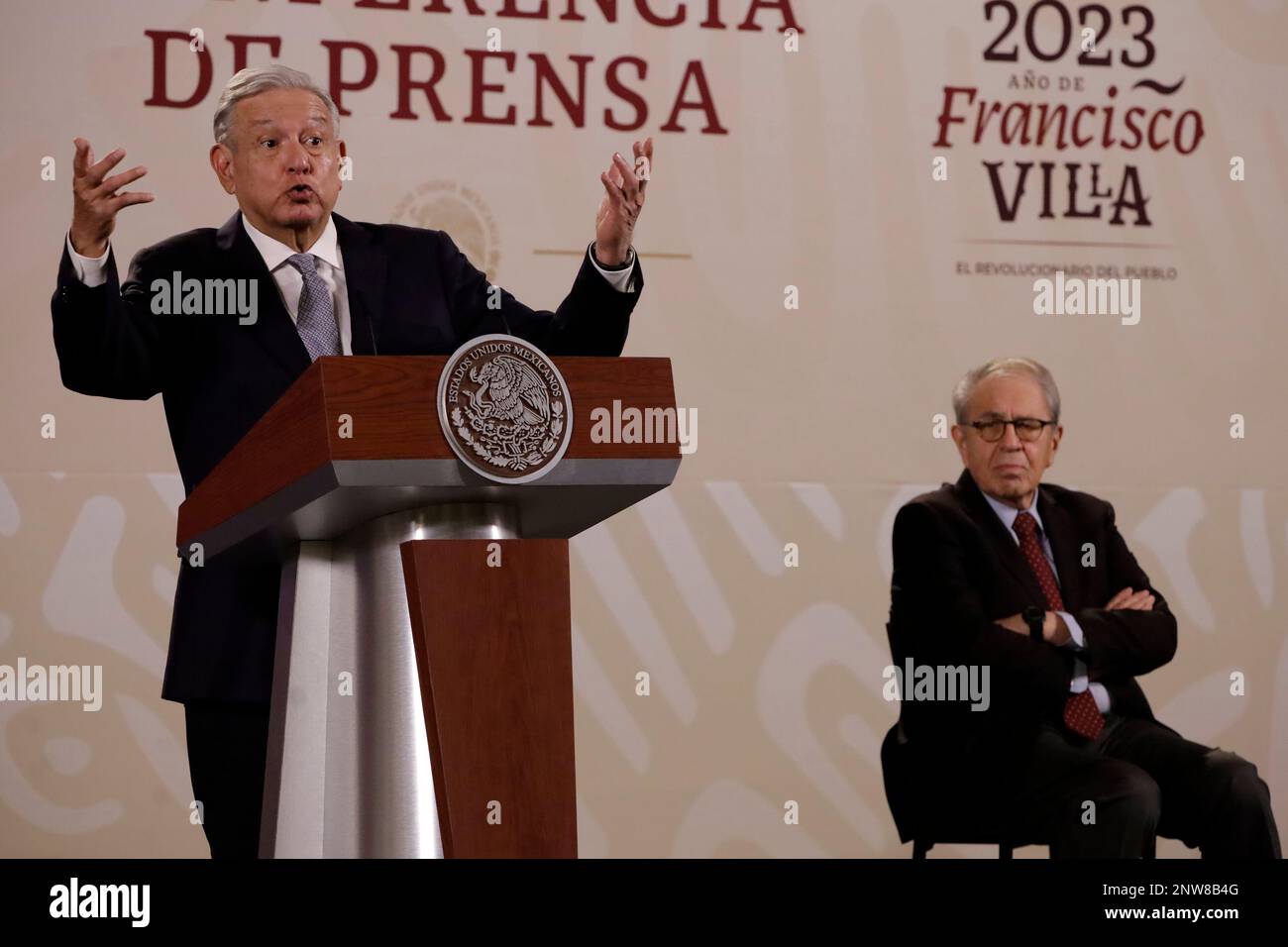 Mexico City, Mexico. 28th Feb, 2023. February 28, 2023, Mexico City, Mexico: The President of Mexico, Andres Manuel Lopez Obrador and the Secretary of Health of Mexico, Jorge Alcocer and the Undersecretary of Health, Hugo Lopez Gatell, at a press conference at the National Palace in the City of Mexico. on February 28, 2023 in Mexico City, Mexico (Photo by Luis Barron/Eyepix Group/Sipa USA). Credit: Sipa USA/Alamy Live News Stock Photo