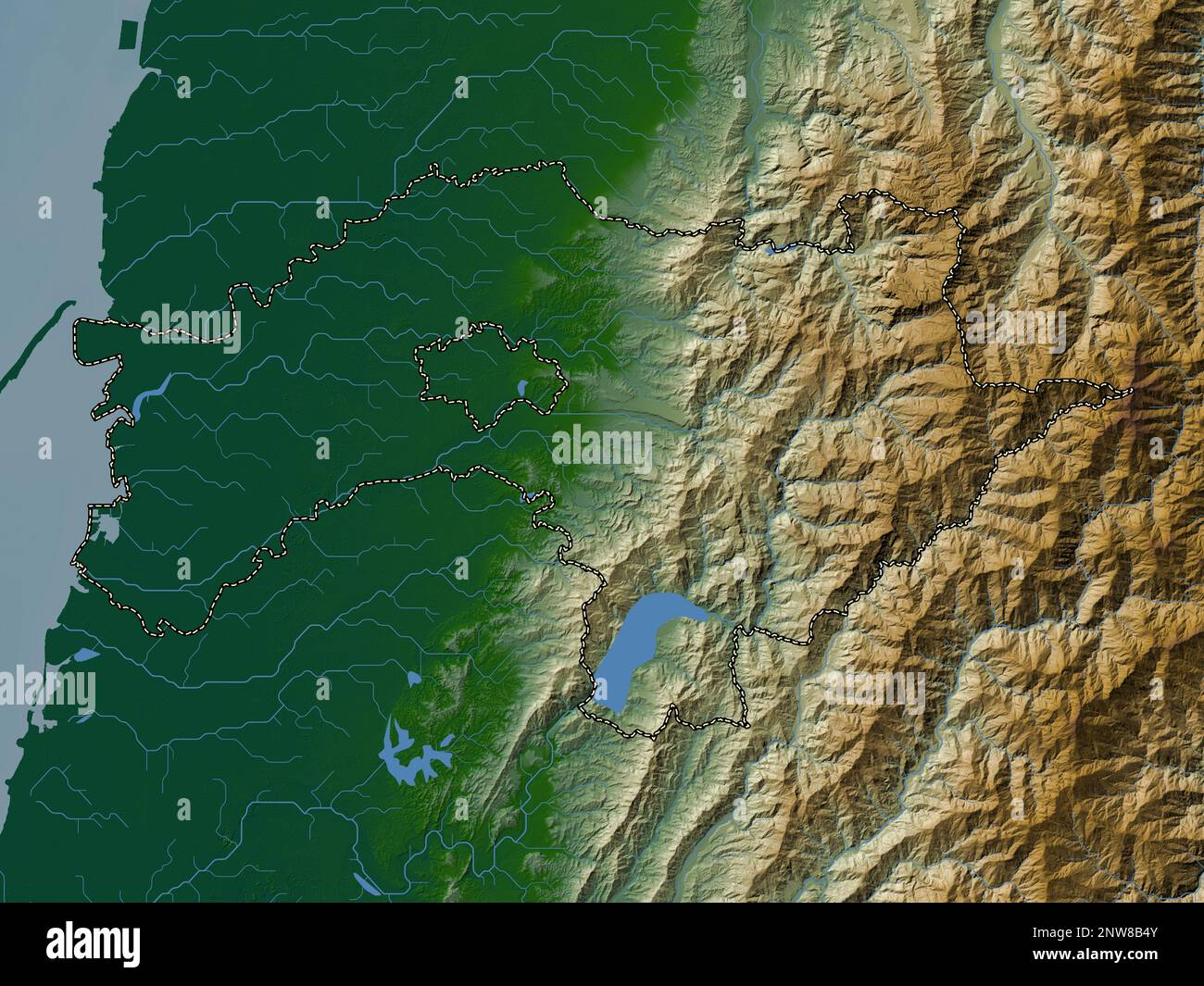 Chiayi, county of Taiwan. Colored elevation map with lakes and rivers Stock Photo