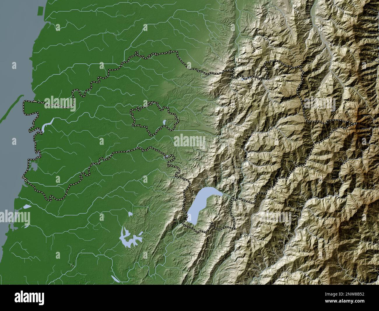 Chiayi, county of Taiwan. Elevation map colored in wiki style with lakes and rivers Stock Photo