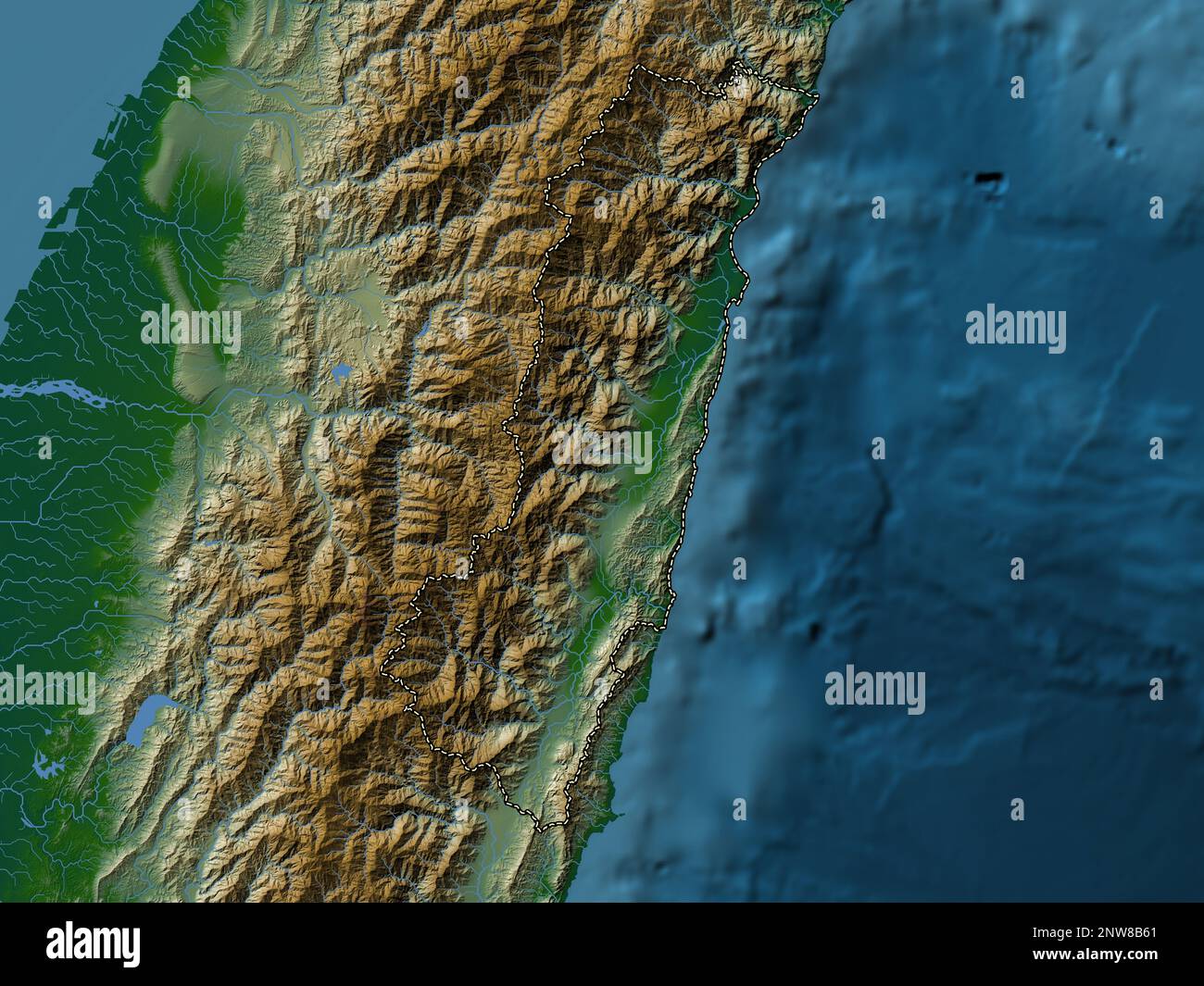 Hualien, county of Taiwan. Colored elevation map with lakes and rivers