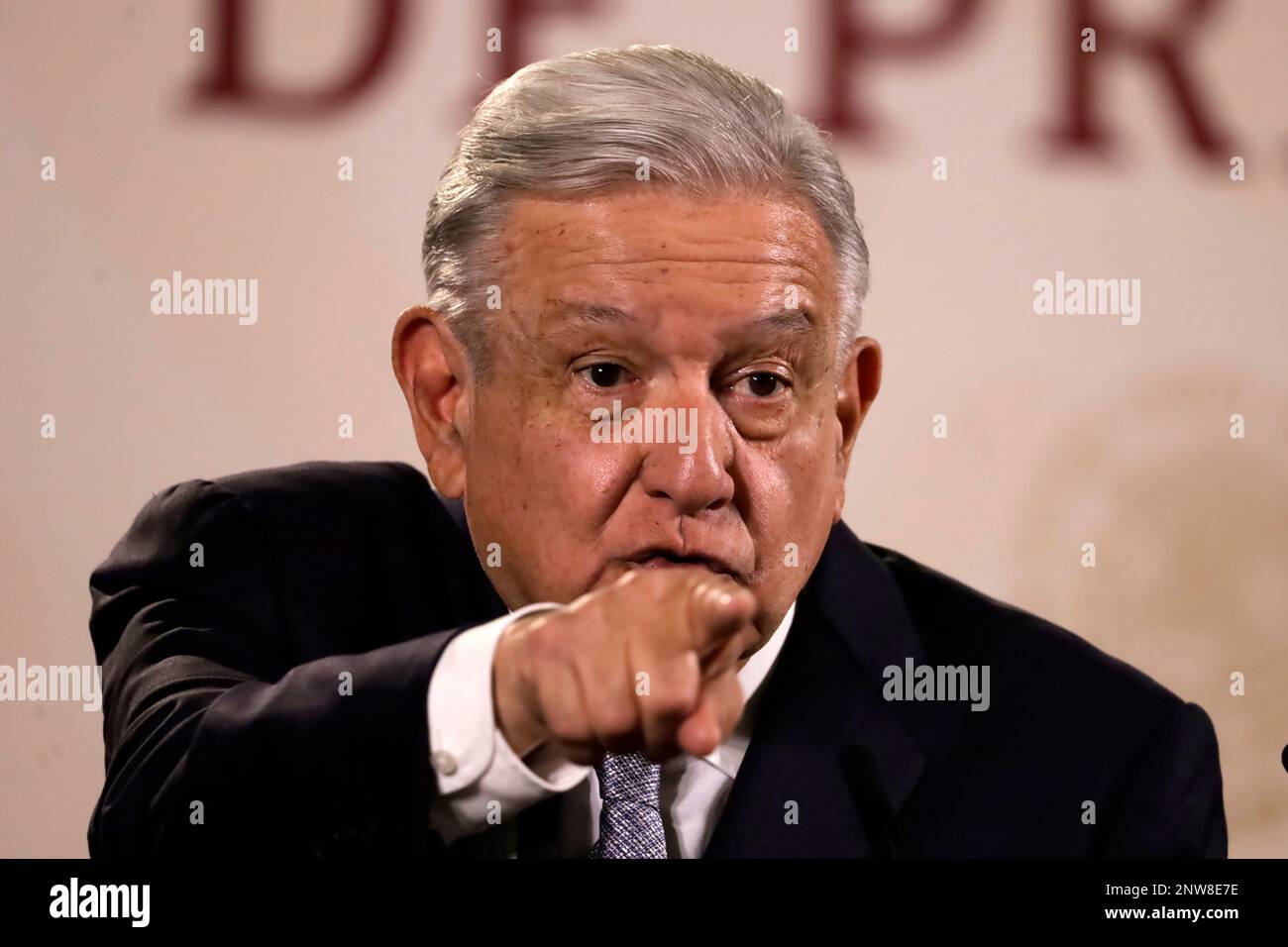 Mexico City, Mexico. 28th Feb, 2023. The President of Mexico, Andres Manuel Lopez Obrador confirms the installation of the Tesla automotive assembly plant in Mexico, at a press conference at the National Palace in Mexico City. on February 28, 2023 in Mexico City, Mexico (Credit Image: © Luis Barron/eyepix via ZUMA Press Wire) EDITORIAL USAGE ONLY! Not for Commercial USAGE! Stock Photo