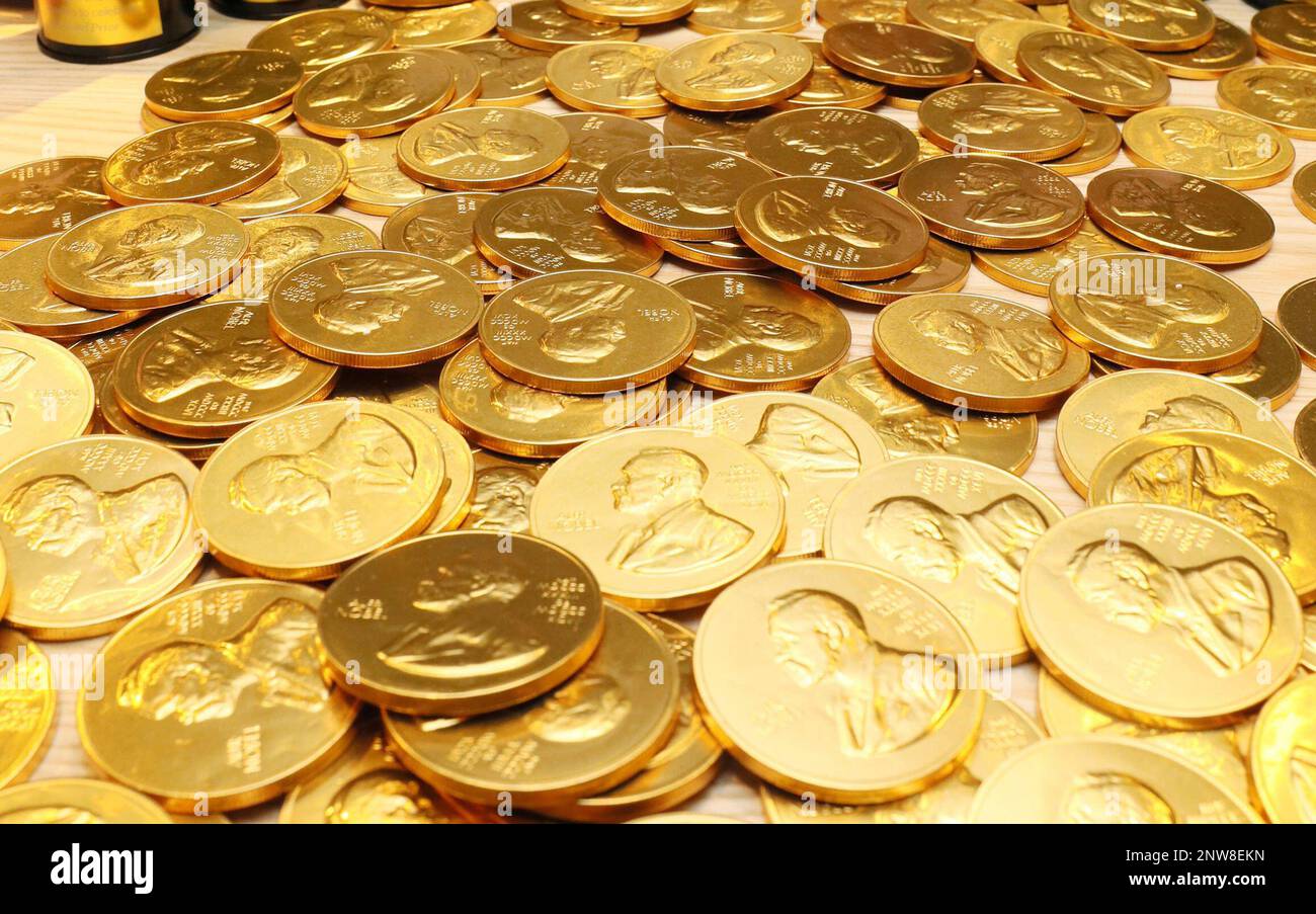 The chocolate medals are pictured at the Nobel Museum in Stockholm ...