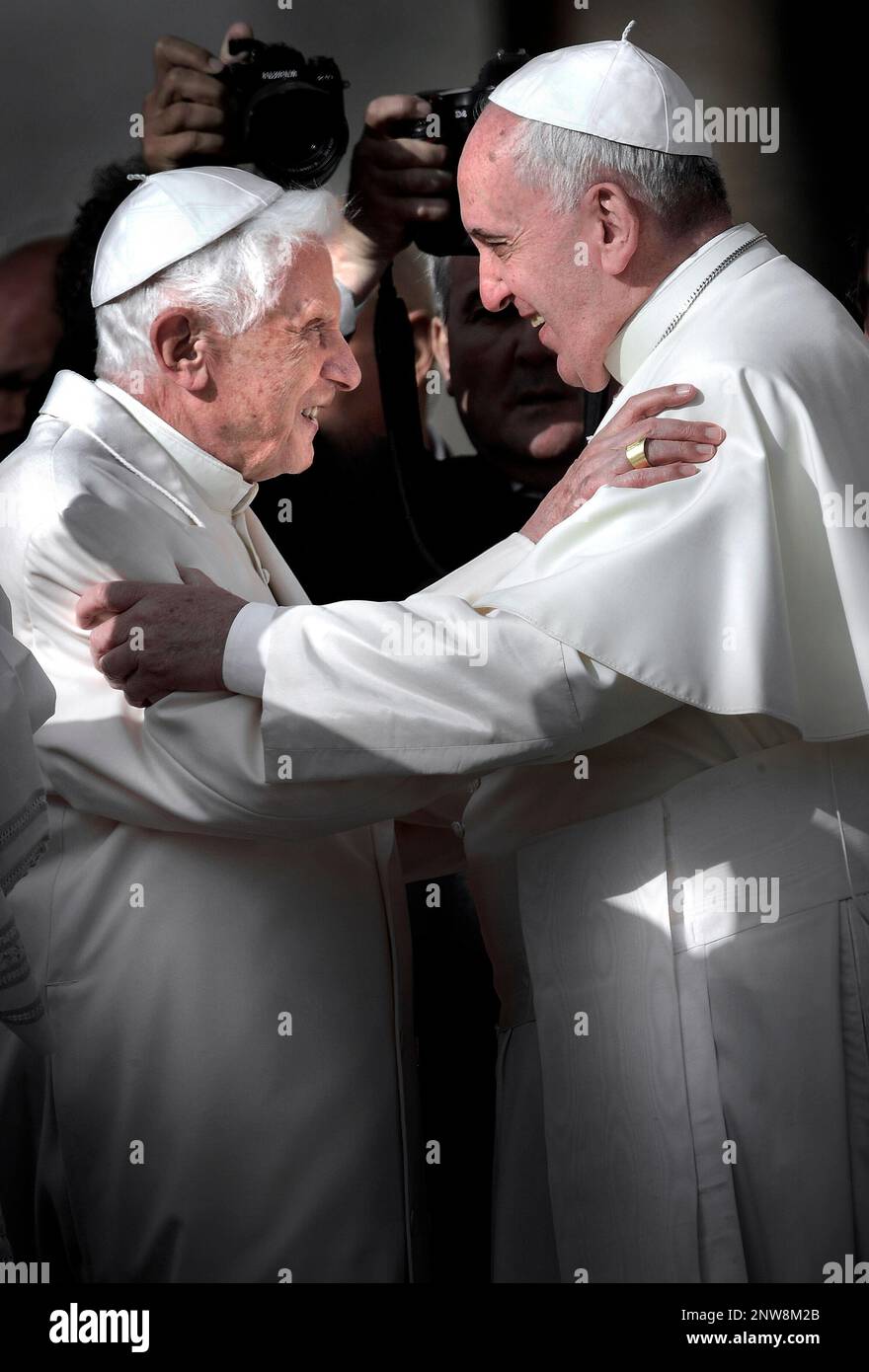 March 13, 2023 marks 10 years of Pontificate for Pope Francis. in the picture : Pope emeritus Benedict XVI with Pope Francis during a papal mass for elderly people at St Peter's square at the Vatican.on September 28, 2014 Stock Photo