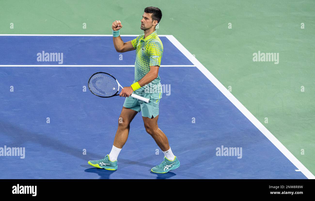 Dubai, United Arab Emirates. February 28, 2023, Dubai, United Arab Emirates. February 28, 2023, Novak Djokovic of Serbia celebrates after winning a point against Tomas Machac of Czech Republic during their ATP 500 Dubai Duty Free Tennis Championships 2023 R32 match on February 28, 2023 in Dubai, United Arab Emirates. Photo by Victor Fraile / Power Sport Images Stock Photo