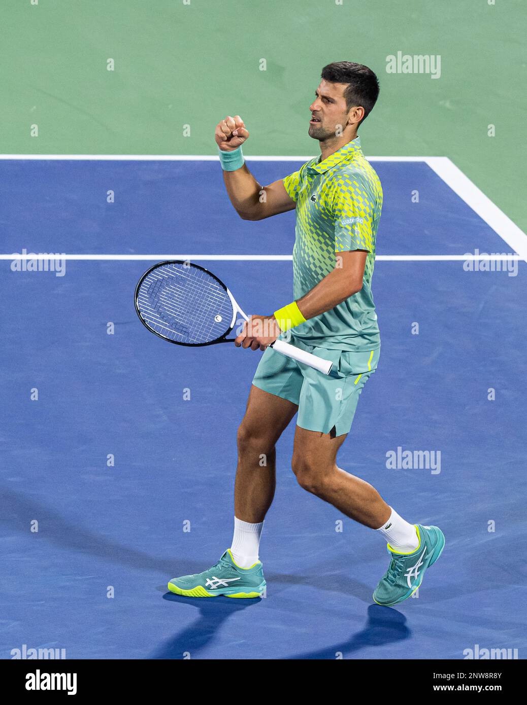 Dubai, United Arab Emirates. February 28, 2023, Dubai, United Arab Emirates. February 28, 2023, Novak Djokovic of Serbia celebrates after winning a point against Tomas Machac of Czech Republic during their ATP 500 Dubai Duty Free Tennis Championships 2023 R32 match on February 28, 2023 in Dubai, United Arab Emirates. Photo by Victor Fraile / Power Sport Images Stock Photo