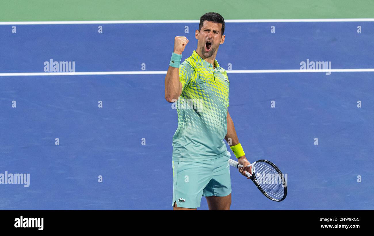 Dubai, United Arab Emirates. February 28, 2023, Dubai, United Arab Emirates. February 28, 2023, Novak Djokovic of Serbia celebrates after winning a point against Tomas Machac of Czech Republic during their ATP 500 Dubai Duty Free Tennis Championships 2023 R32 match on February 28, 2023 in Dubai, United Arab Emirates. Photo by Victor Fraile / Power Sport Images Stock Photo