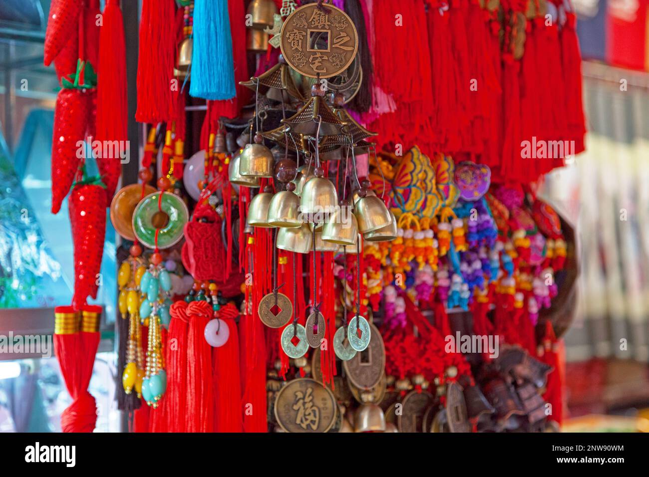 Various chinese souvenir to hang for sale on a market stall Stock Photo