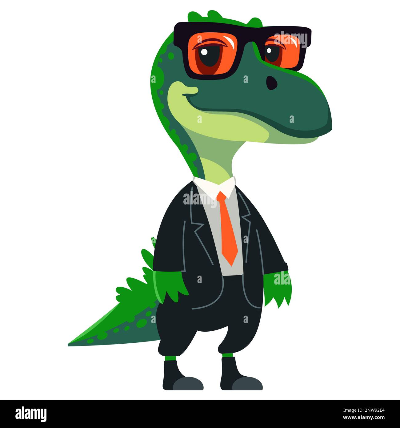 green dinosaur in a business suit and glasses. flat character vector