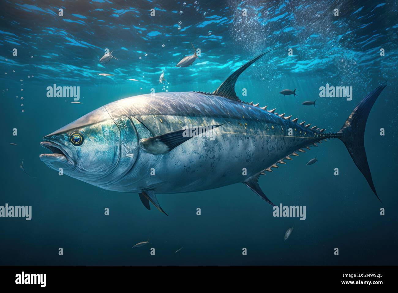Close big bluefin tuna fish swimming in clear ocean water, digital