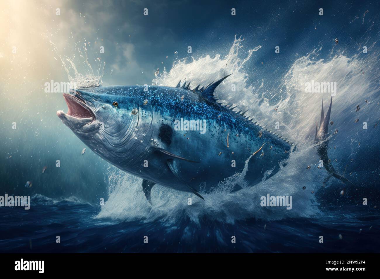 Close big bluefin tuna fish swimming in clear ocean water, digital