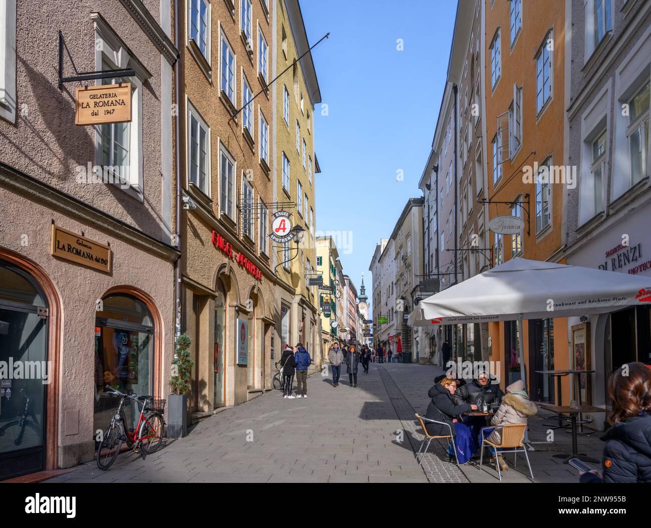 Shops and cafes on Linzer Gasse in the historic centre, Salzburg, Austria Stock Photo